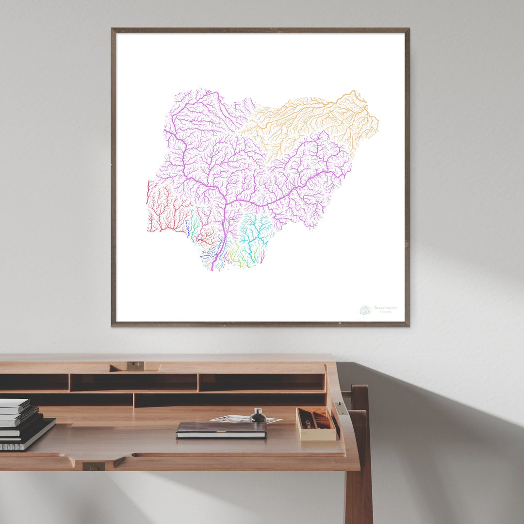 Nigeria - Mapa de la cuenca fluvial, arco iris sobre blanco - Impresión de Bellas Artes