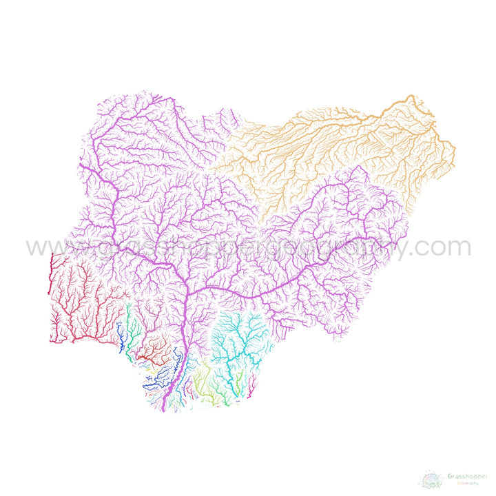 Nigeria - Mapa de la cuenca fluvial, arco iris sobre blanco - Impresión de Bellas Artes
