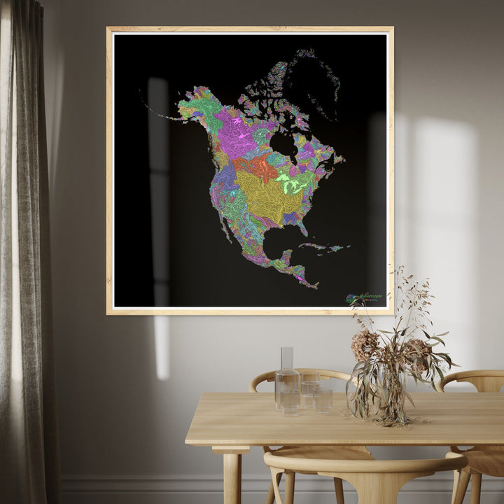 River basin map of North America, pastel colours on black - Fine Art Print