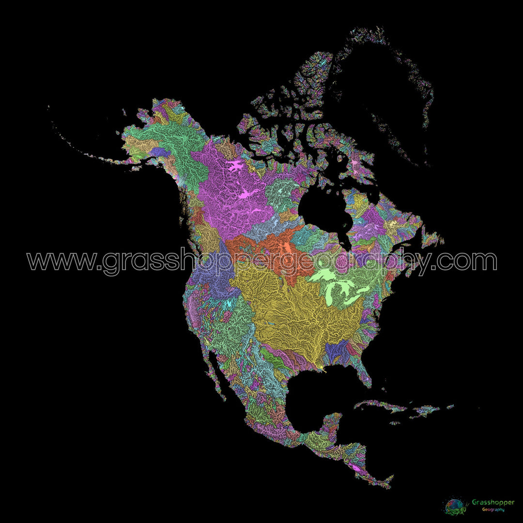 Amérique du Nord - Carte des bassins fluviaux, pastel sur noir - Fine Art Print