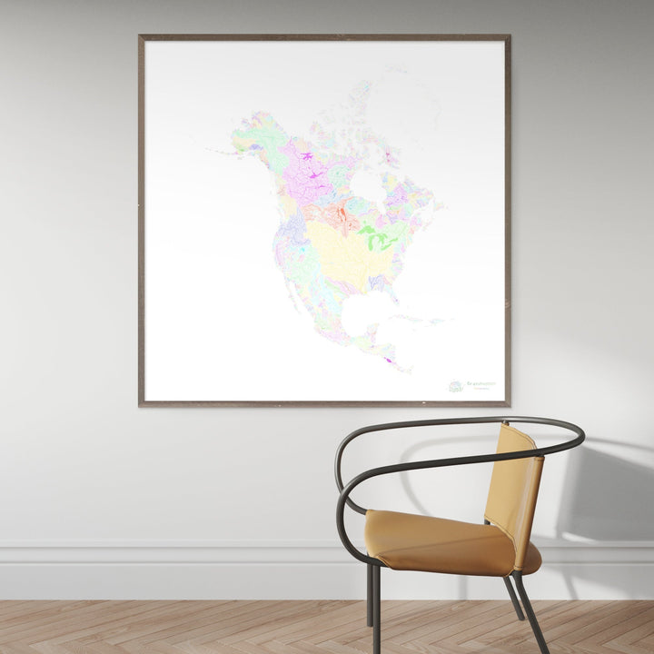 North America - River basin map, pastel on white - Fine Art Print