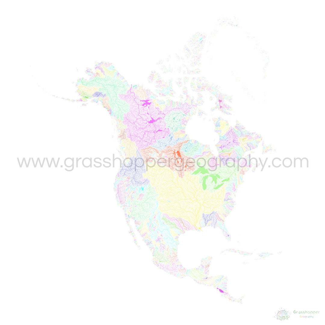 River basin map of North America, pastel colours on white - Fine Art Print