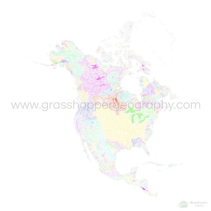North America - River basin map, pastel on white - Fine Art Print