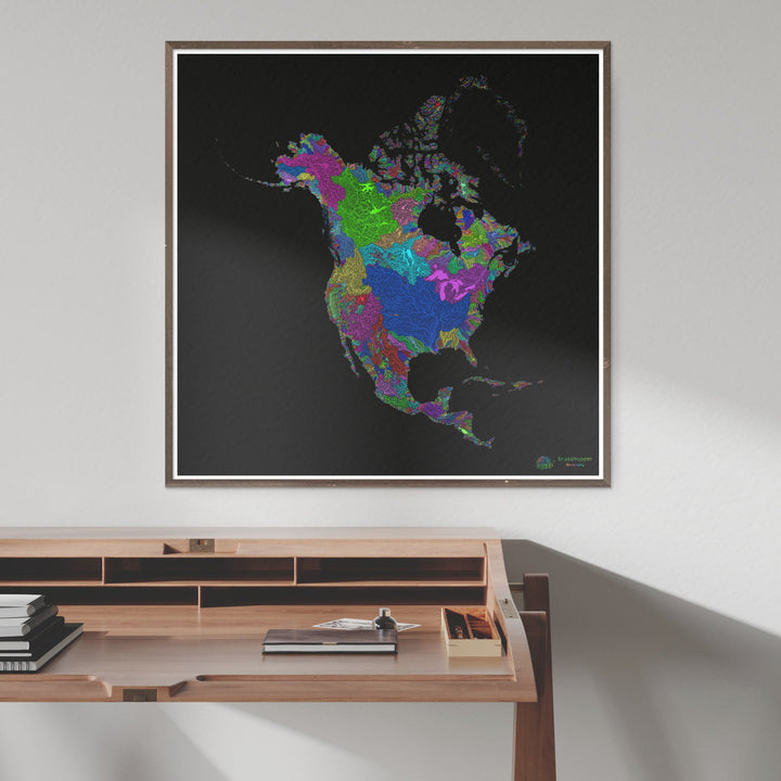 North America - River basin map, rainbow on black - Fine Art Print