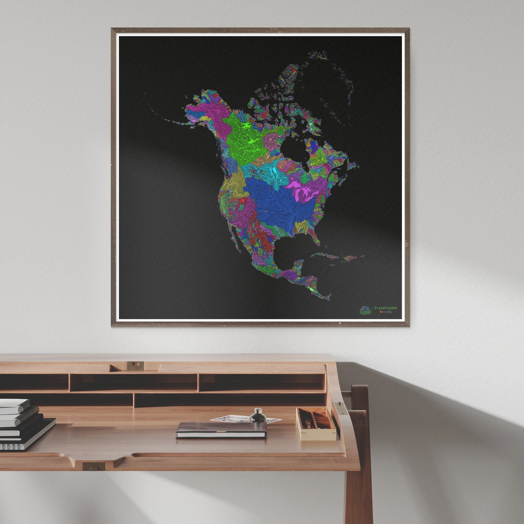 Amérique du Nord - Carte des bassins fluviaux, arc-en-ciel sur noir - Fine Art Print