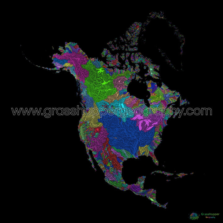 Amérique du Nord - Carte des bassins fluviaux, arc-en-ciel sur noir - Fine Art Print