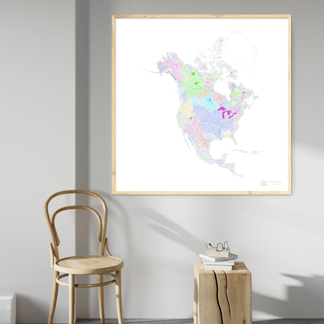 Amérique du Nord - Carte des bassins fluviaux, arc-en-ciel sur blanc - Fine Art Print