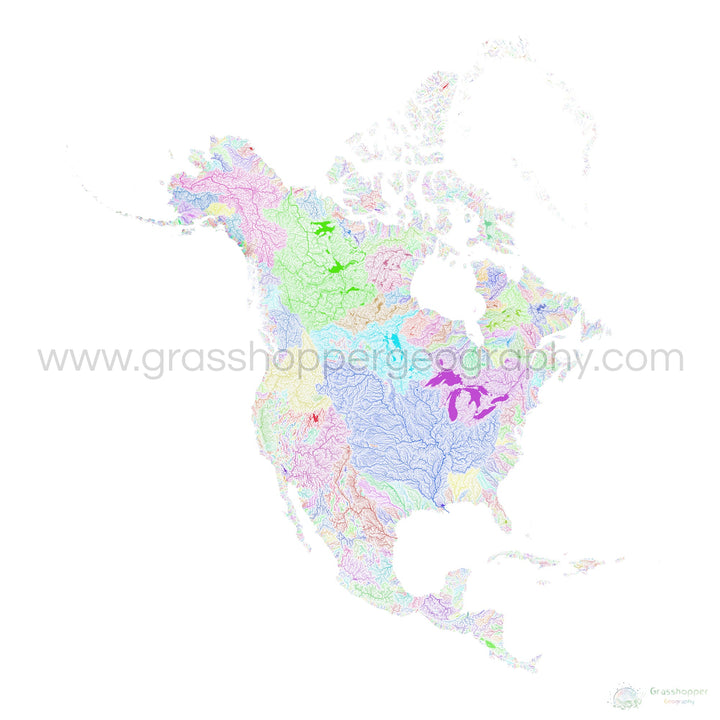 Amérique du Nord - Carte des bassins fluviaux, arc-en-ciel sur blanc - Fine Art Print