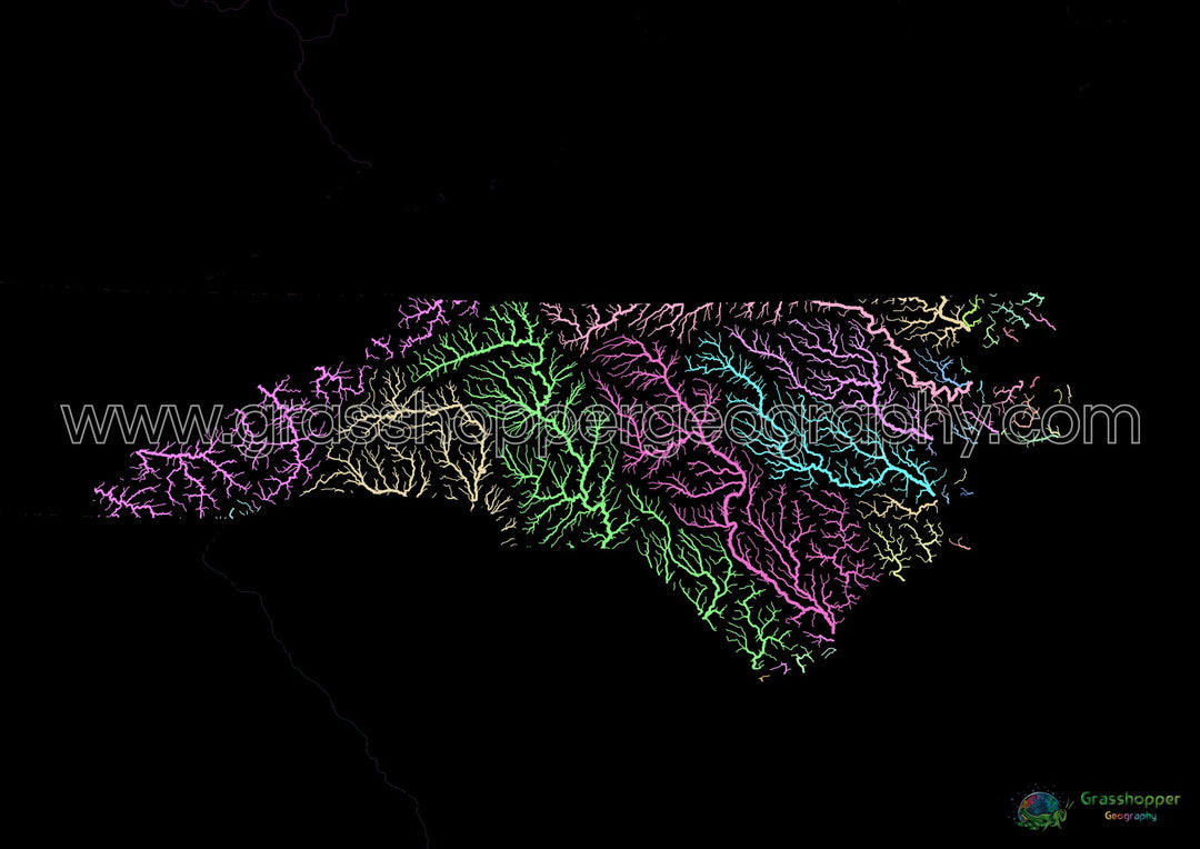 River basin map of North Carolina, pastel colours on black - Fine Art Print