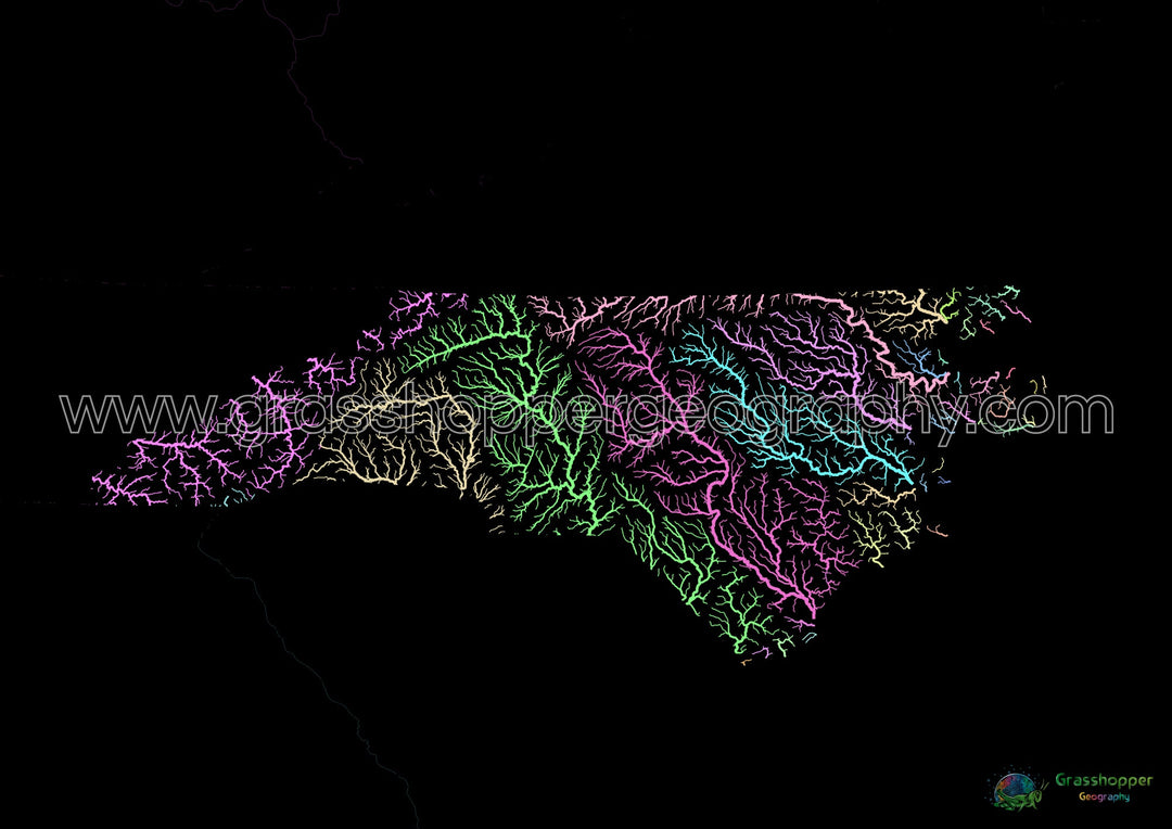 North Carolina - River basin map, pastel on black - Fine Art Print