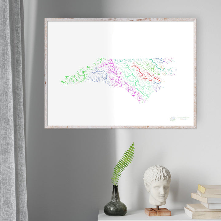 Carolina del Norte - Mapa de la cuenca fluvial, arco iris sobre blanco - Impresión de bellas artes