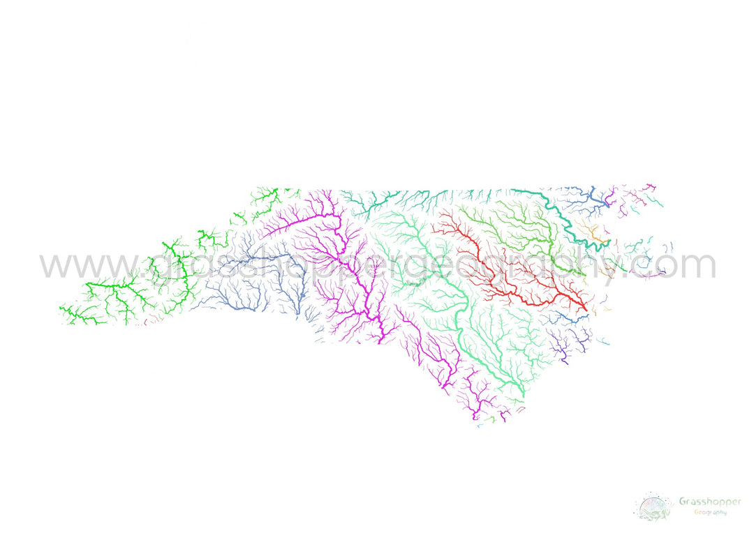 North Carolina - River basin map, rainbow on white - Fine Art Print