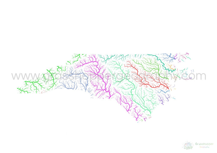 Caroline du Nord - Carte du bassin fluvial, arc-en-ciel sur blanc - Fine Art Print