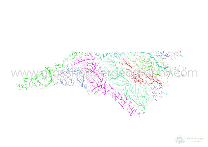 Carolina del Norte - Mapa de la cuenca fluvial, arco iris sobre blanco - Impresión de bellas artes