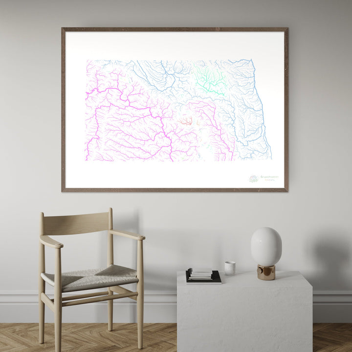 River basin map of North Dakota, pastel colours on white - Fine Art Print