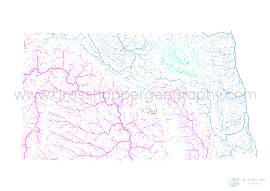 North Dakota - River basin map, pastel on white - Fine Art Print