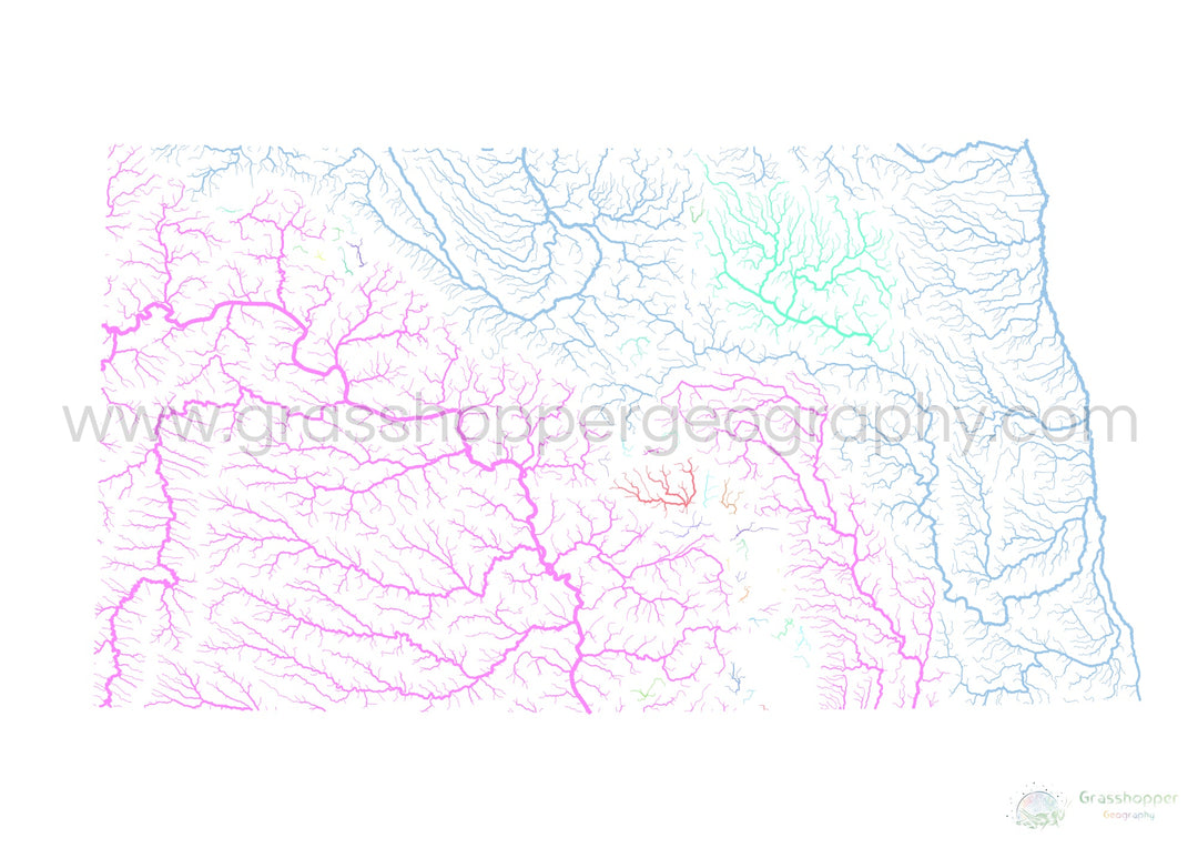 North Dakota - River basin map, pastel on white - Fine Art Print