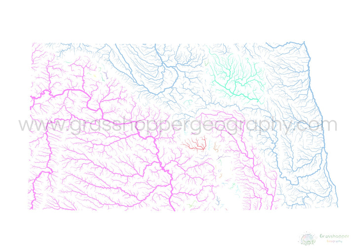 North Dakota - River basin map, pastel on white - Fine Art Print