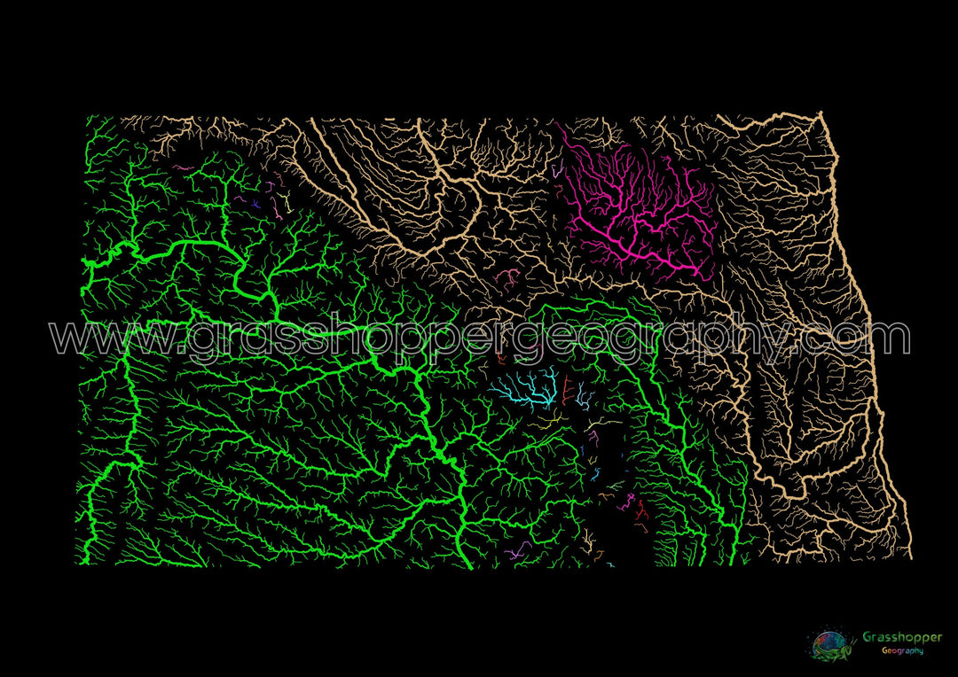 Dakota del Norte - Mapa de la cuenca fluvial, arco iris sobre negro - Impresión de bellas artes