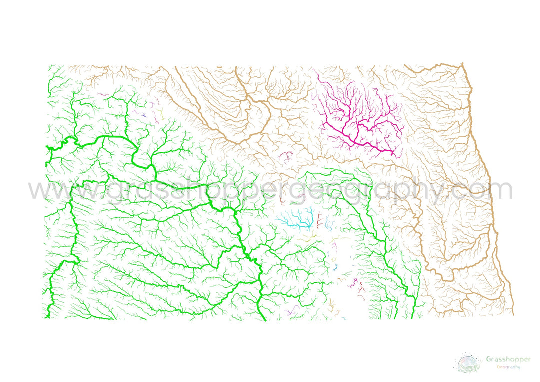 Dakota del Norte - Mapa de la cuenca fluvial, arco iris sobre blanco - Impresión de bellas artes