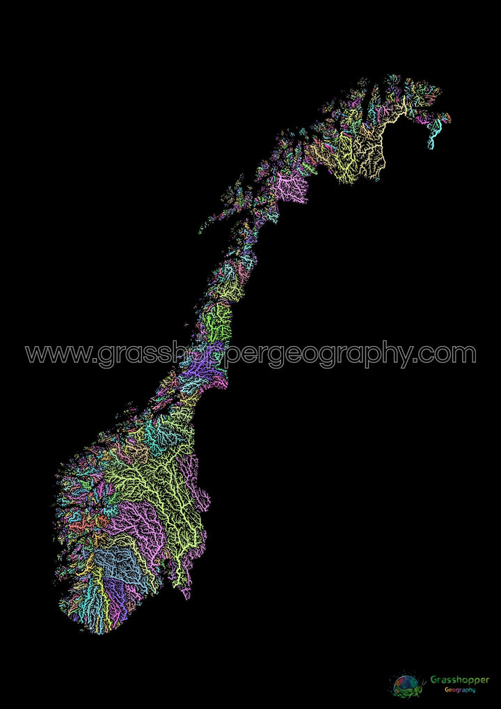 River basin map of Norway, pastel colours on black - Fine Art Print