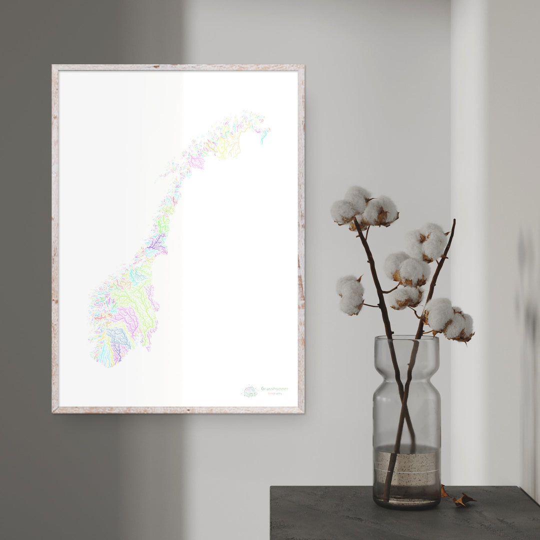 River basin map of Norway, pastel colours on white - Fine Art Print