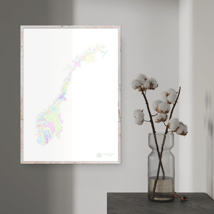 River basin map of Norway, pastel colours on white - Fine Art Print