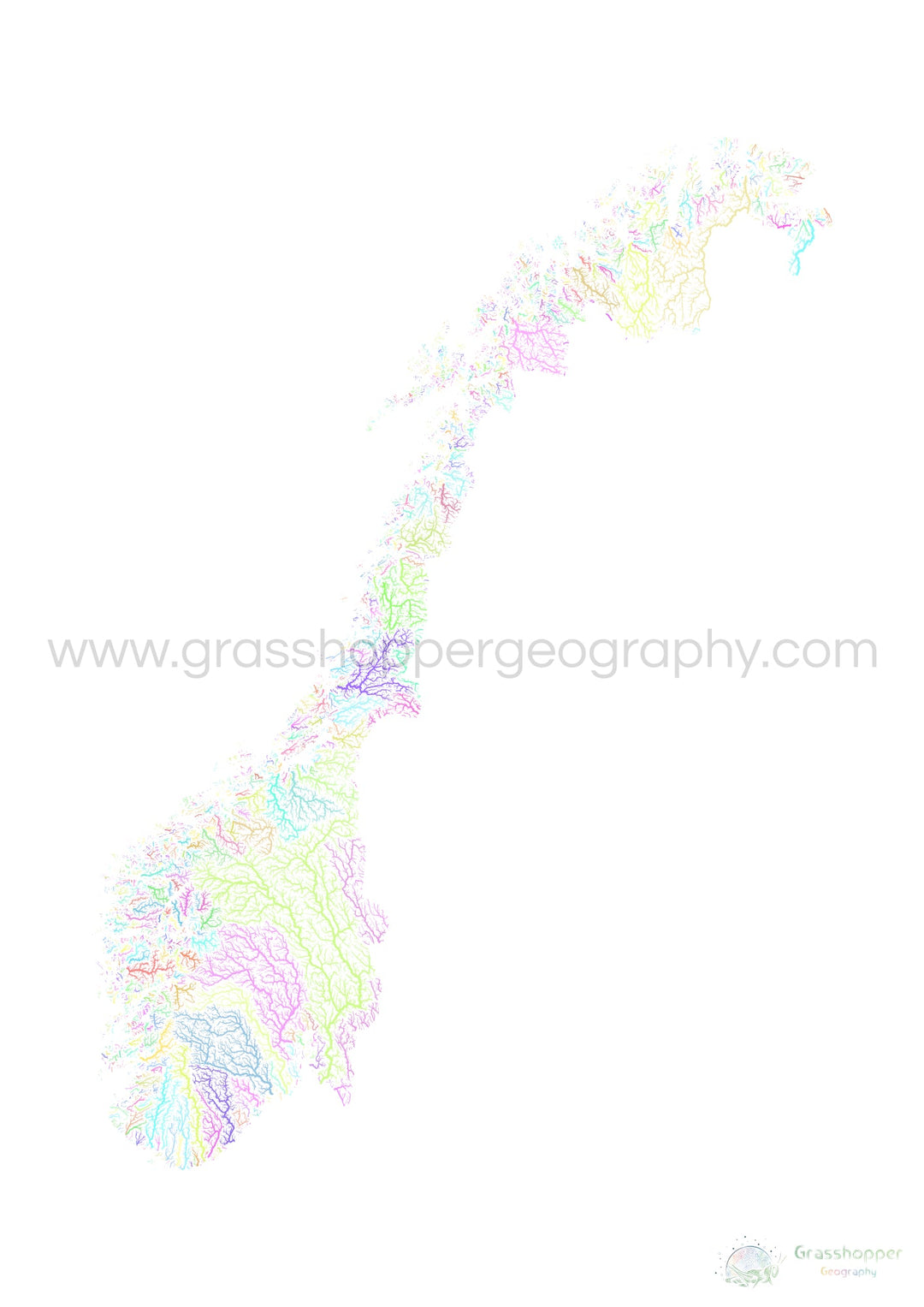 Norway - River basin map, pastel on white - Fine Art Print