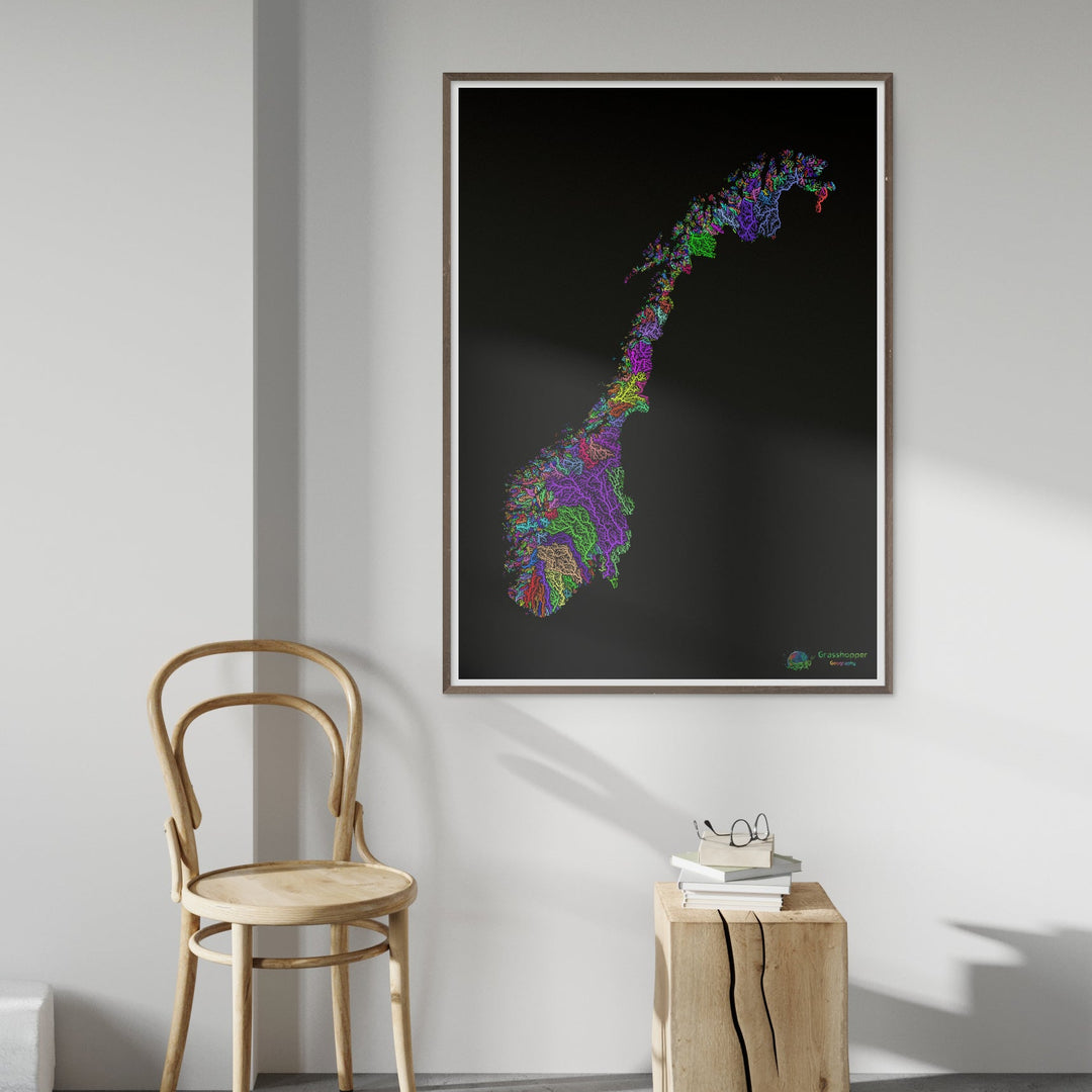 Norway - River basin map, rainbow on black - Fine Art Print