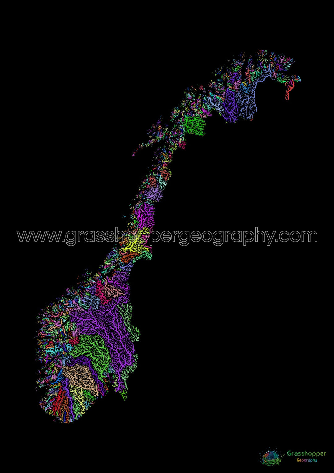 River basin map of Norway, rainbow colours on black - Fine Art Print