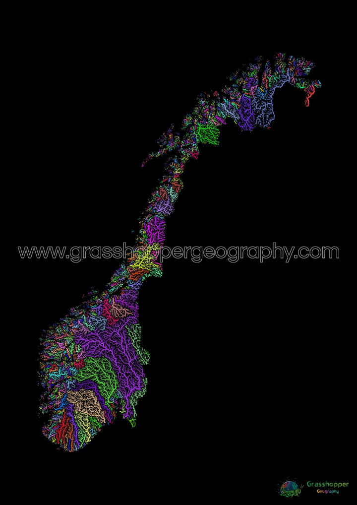 Norvège - Carte des bassins fluviaux, arc-en-ciel sur noir - Fine Art Print