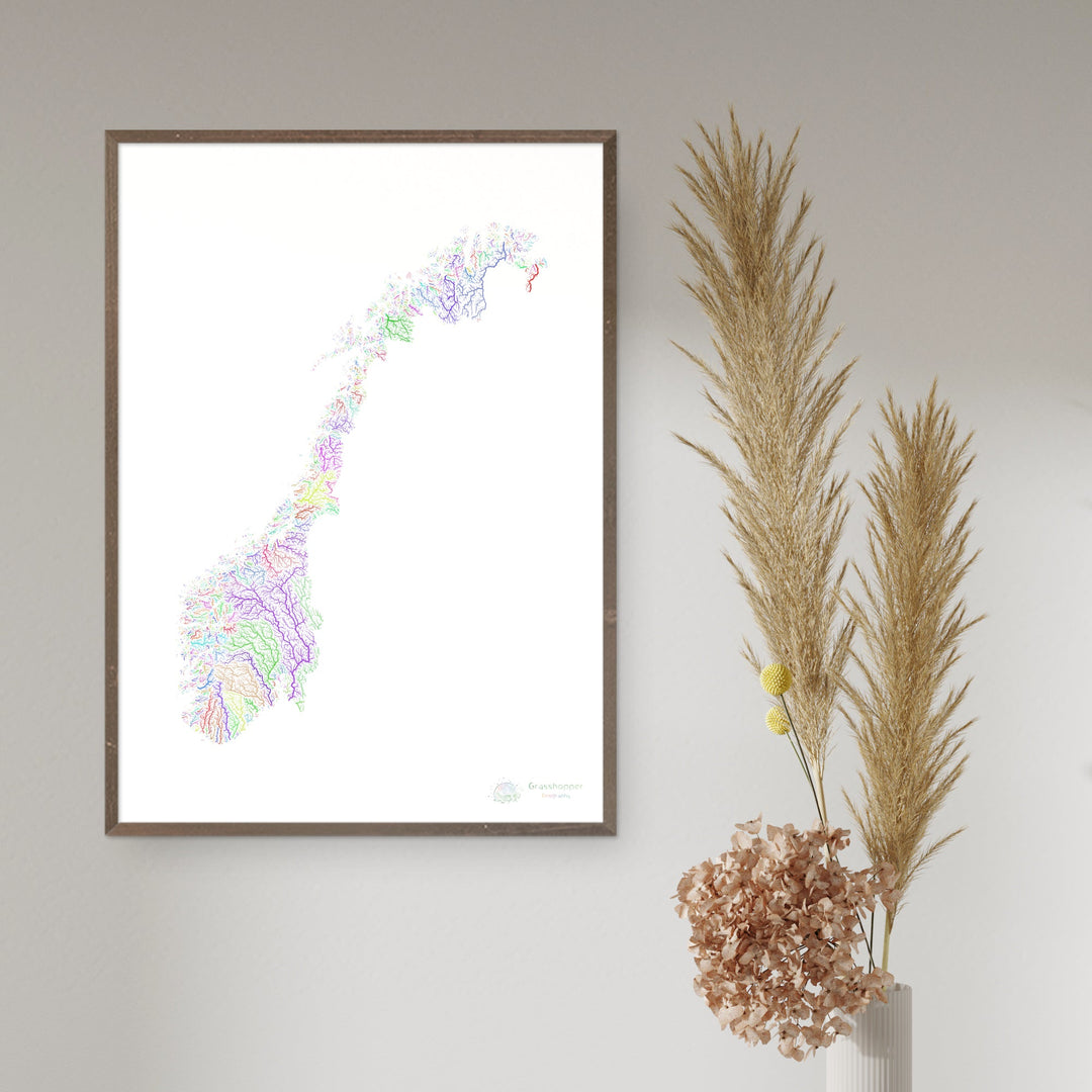 Noruega - Mapa de la cuenca fluvial, arco iris sobre blanco - Impresión de Bellas Artes