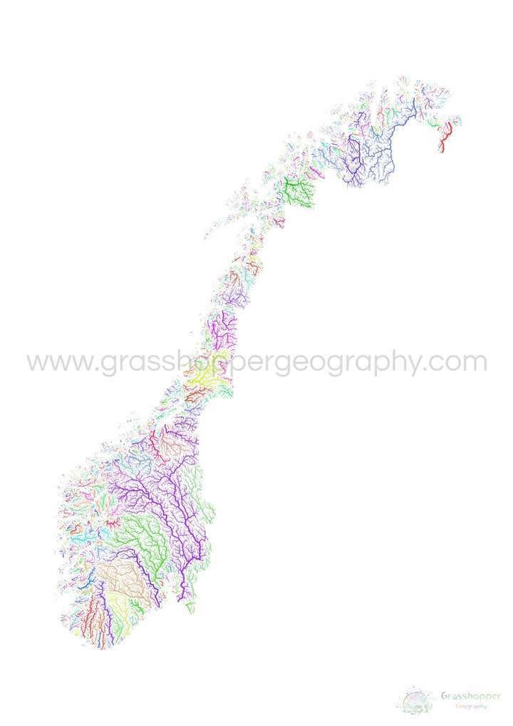 Norvège - Carte des bassins fluviaux, arc-en-ciel sur blanc - Fine Art Print