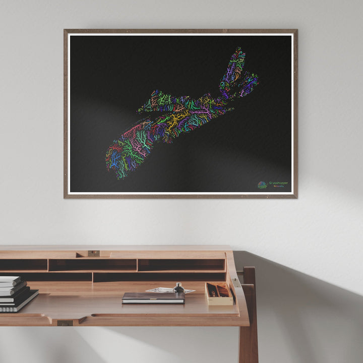 Nouvelle-Écosse - Carte du bassin fluvial, arc-en-ciel sur noir - Fine Art Print