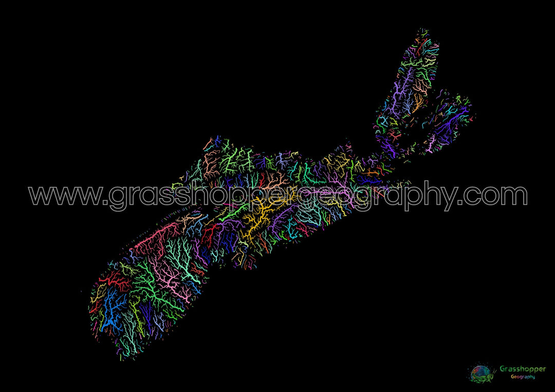 Nueva Escocia - Mapa de la cuenca del río, arco iris sobre negro - Impresión de Bellas Artes