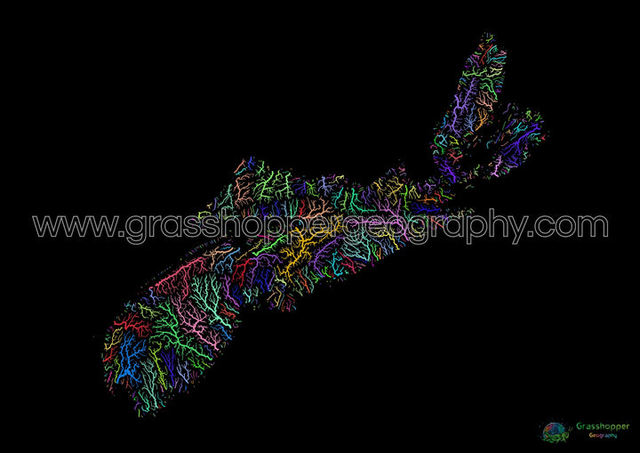 Nova Scotia - River basin map, rainbow on black - Fine Art Print