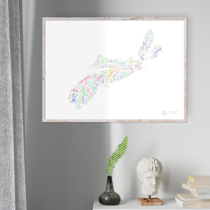 Nueva Escocia - Mapa de la cuenca fluvial, arco iris sobre blanco - Impresión de bellas artes