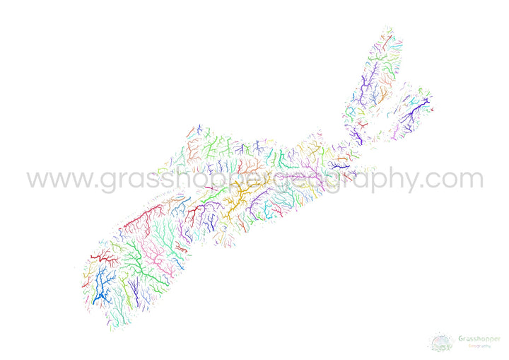 Nueva Escocia - Mapa de la cuenca fluvial, arco iris sobre blanco - Impresión de bellas artes