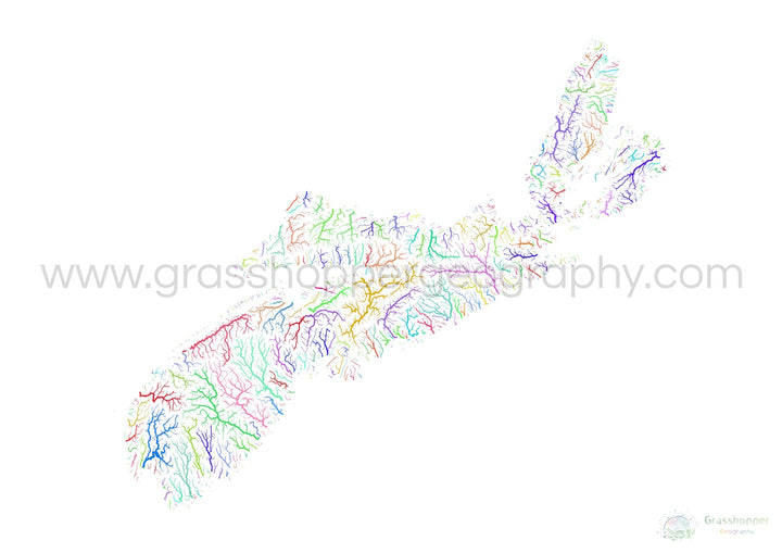 Nova Scotia - River basin map, rainbow on white - Fine Art Print