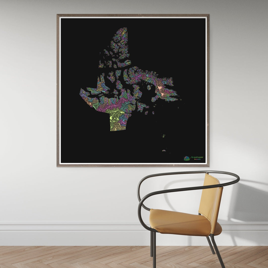 River basin map of Nunavut, pastel colours on black - Fine Art Print