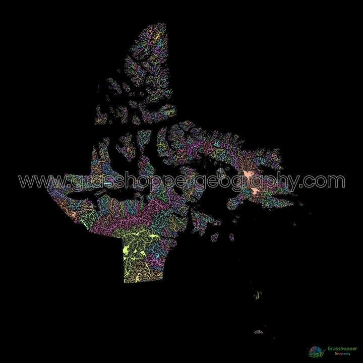 Nunavut - River basin map, pastel on black - Fine Art Print