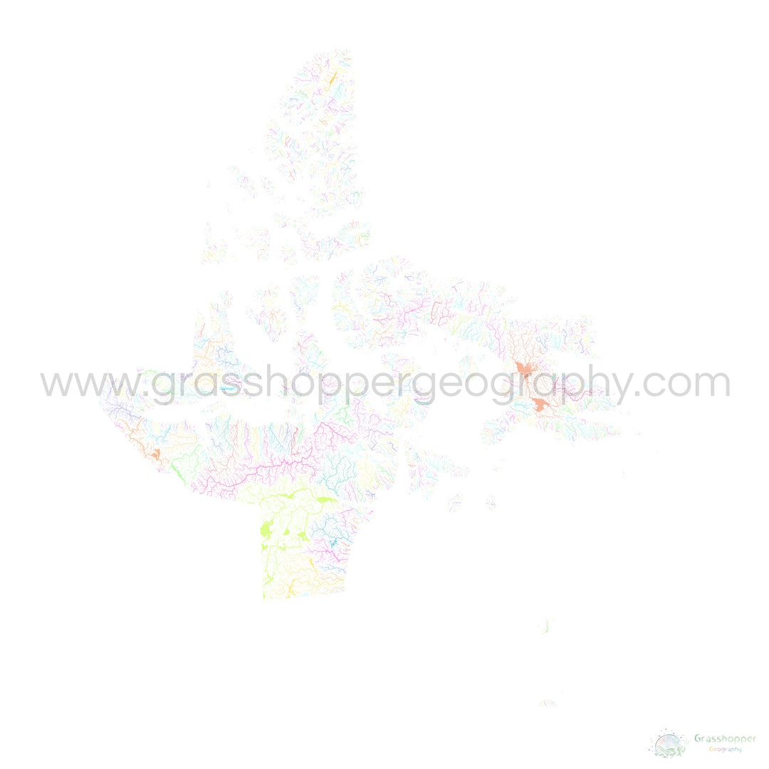 Nunavut - Mapa da bacia hidrográfica, pastel sobre branco - Impressão de belas artes