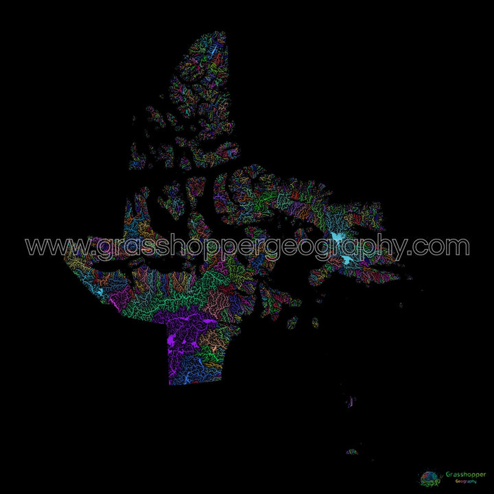 Nunavut - Mapa de la cuenca fluvial, arco iris sobre negro - Impresión de bellas artes