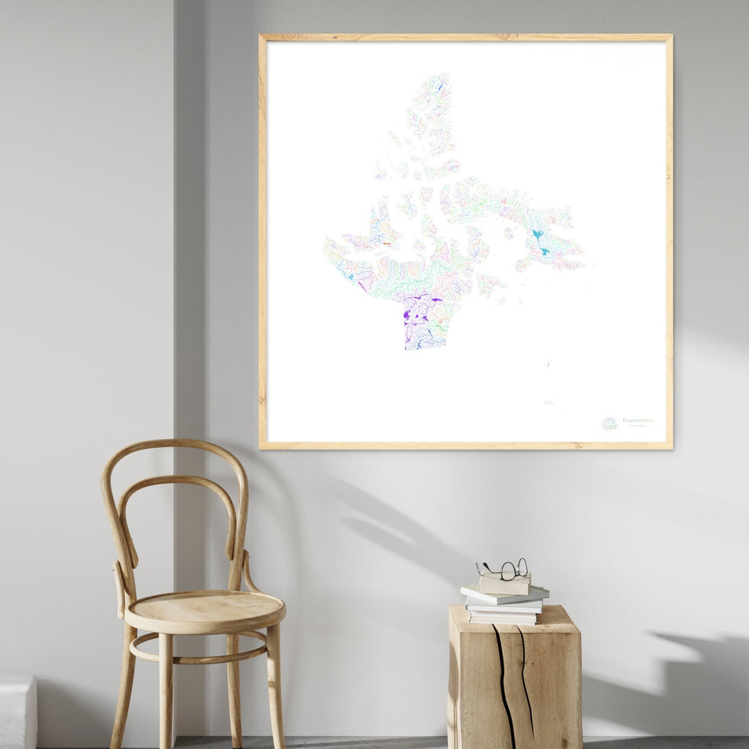 Nunavut - Carte du bassin fluvial, arc-en-ciel sur blanc - Fine Art Print