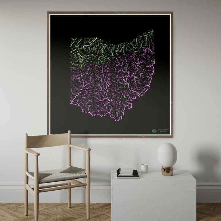 Ohio - River basin map, pastel on black - Fine Art Print