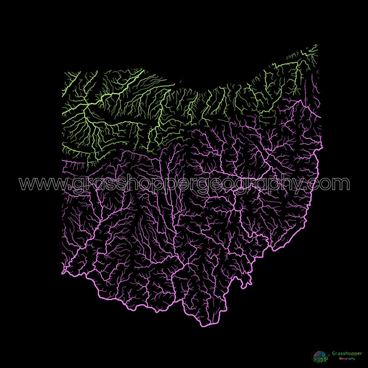 River basin map of Ohio, pastel colours on black - Fine Art Print