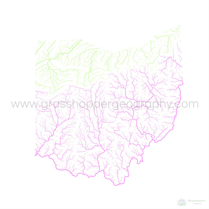 Ohio - Mapa da bacia hidrográfica, pastel sobre branco - Impressão de belas artes