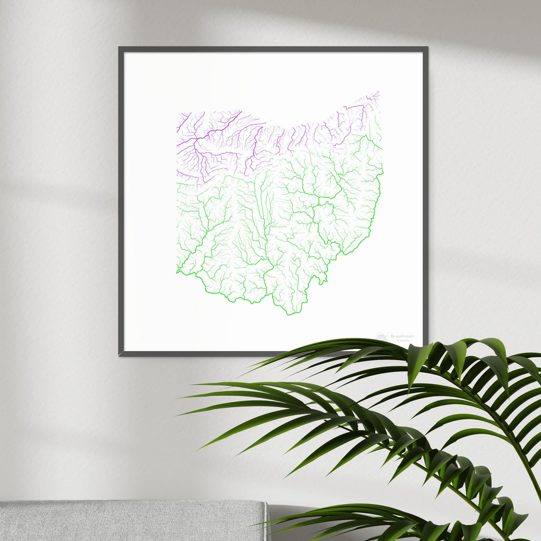 Ohio - Carte du bassin fluvial, arc-en-ciel sur blanc - Fine Art Print