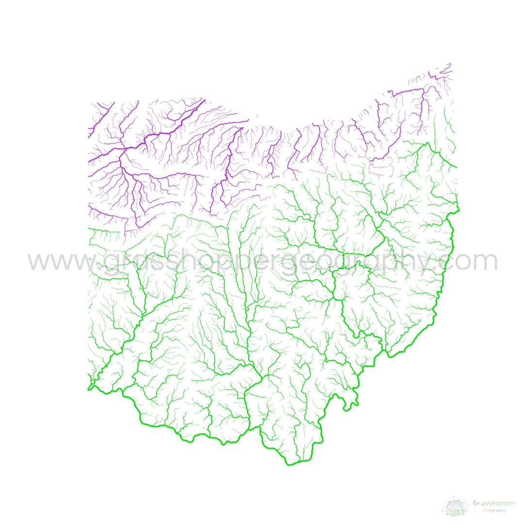 Ohio - River basin map, rainbow on white - Fine Art Print