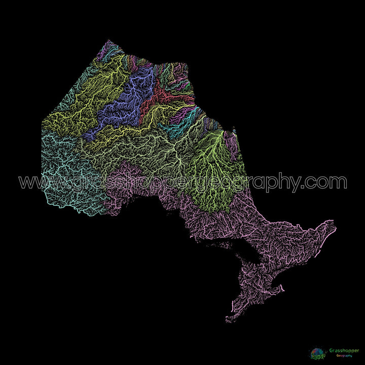 River basin map of Ontario, pastel colours on black - Fine Art Print